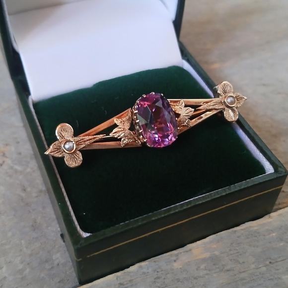 Antique Victorian 14K Yellow Gold Amethyst Bar Brooch Pin 5.7 Grams 1.8" - Picture 3 of 16